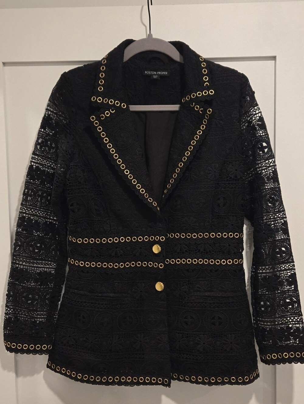 Bostin Proper Womens Black Lace Blazer, Gold Grommet Detail, Size 8